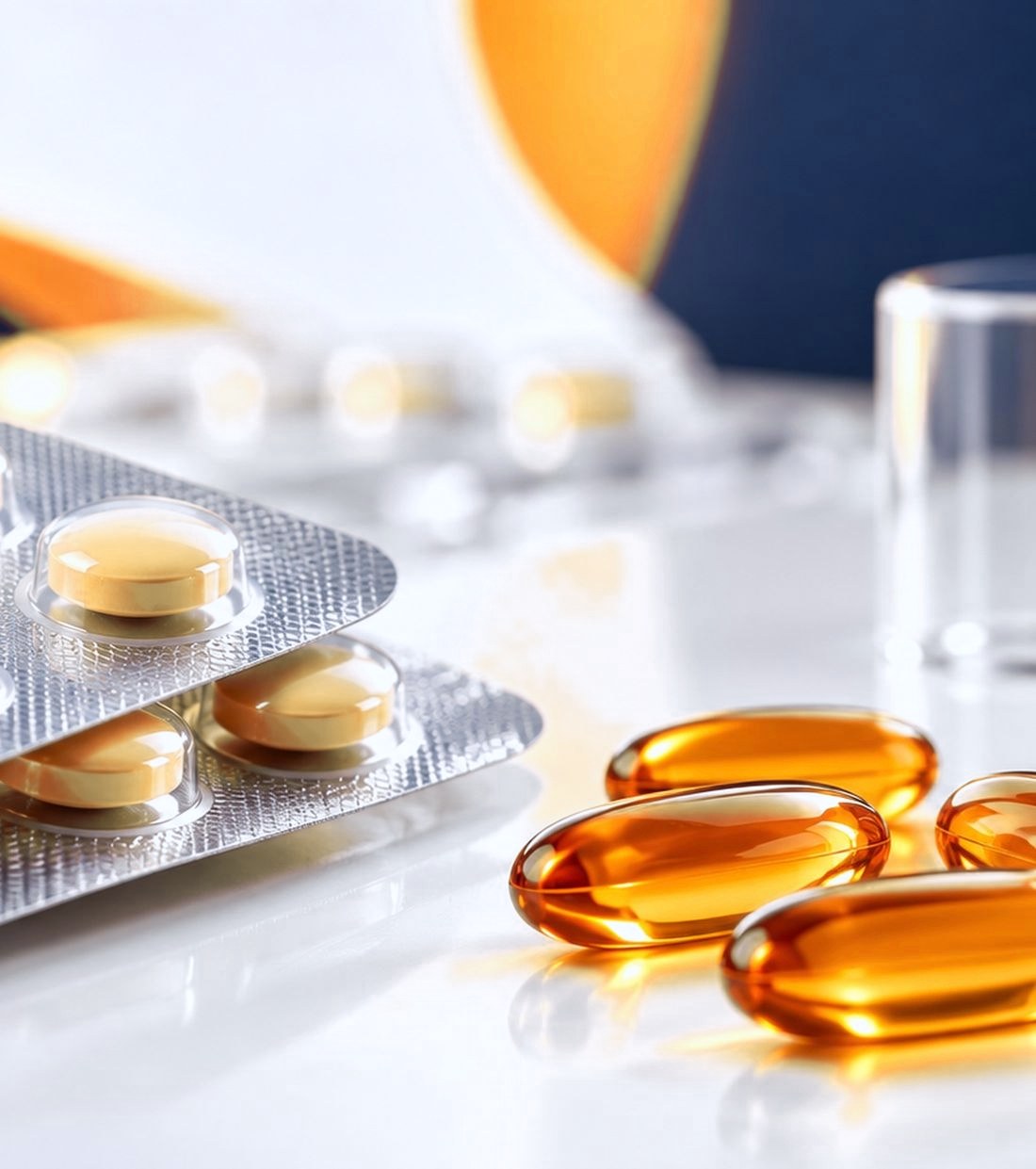 Blister packed tablets and amber softgel capsules on a bright laboratory surface