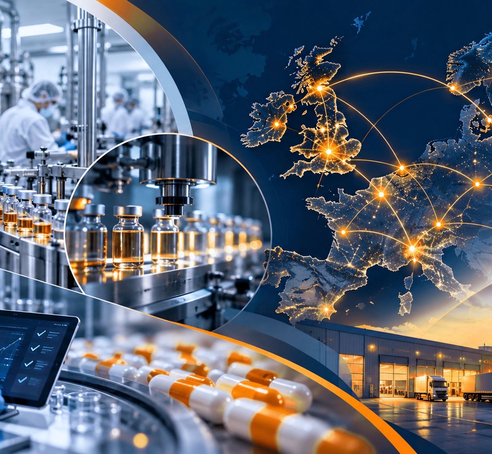 Pharmaceutical vial filling line and capsule production beside a glowing network map linking the UK and Europe