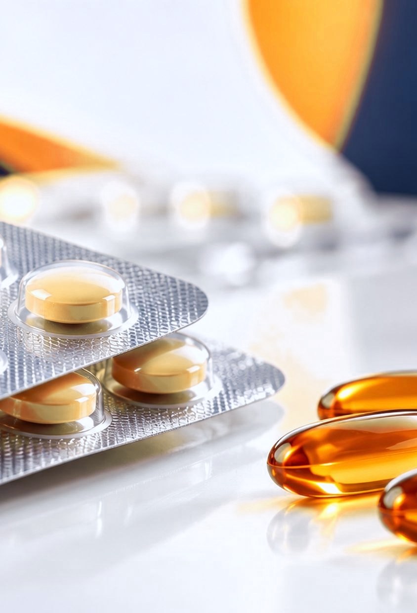 Blister packed tablets and amber softgel capsules on a bright laboratory surface